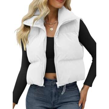 JZC Women's Cropped Puffer Vest Zip Up Stand Collar Sleeveless Outerwear White Small
