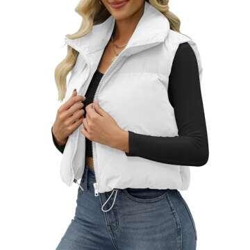 JZC Women's Cropped Puffer Vest Zip Up Stand Collar Sleeveless Outerwear White Small