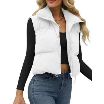 JZC Women's Cropped Puffer Vest Zip Up Stand Collar Sleeveless Outerwear White Small
