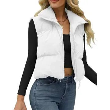JZC Women's Cropped Puffer Vest Zip Up Stand Collar Sleeveless Outerwear White Small