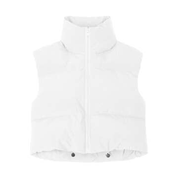 JZC Women's Cropped Puffer Vest Zip Up Stand Collar Sleeveless Outerwear White Small