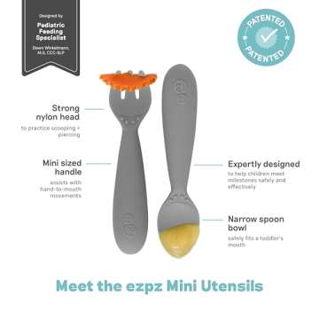 ezpz Mini Utensils - 12 Months+ (Fork & Spoon in Gray) - 100% BPA Free Fork and Spoon - Toddler Utensils - Designed by a Pediatric Feeding Specialist