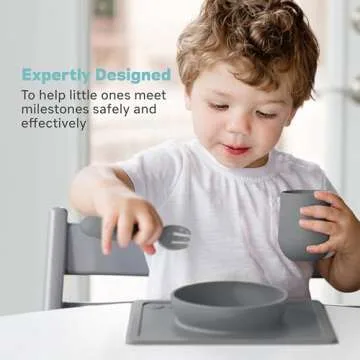 ezpz Mini Utensils - 12 Months+ (Fork & Spoon in Gray) - 100% BPA Free Fork and Spoon - Toddler Utensils - Designed by a Pediatric Feeding Specialist