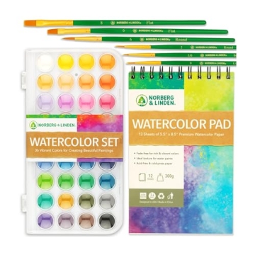 Norberg & Linden Watercolor Paint Set - 36 Premium Paints - 12 Page Pad - 6 Brushes - Painting Suppl...