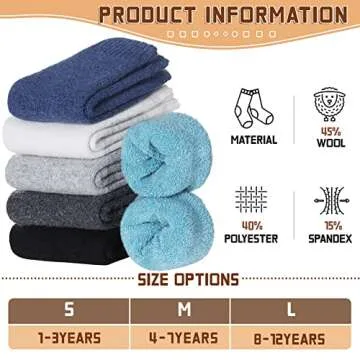 Kids Merino Wool Socks Boys Girls Hiking Boot Winter Thermal Warm Cozy Soft Toddler Thick Crew Socks 6 Pairs (6 Pairs Solid Color B, 8-12 Years)