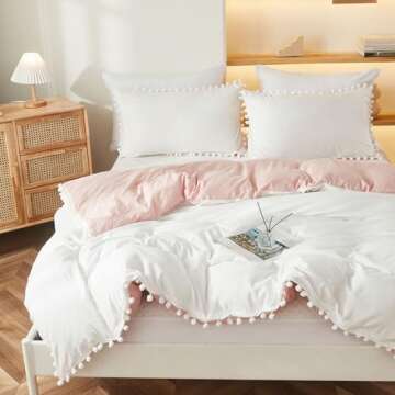 Bedbay Pink Comforter Set Twin Size Preppy Bedding Cute Pom Pom Fringe Boho Comforter White and Pink...