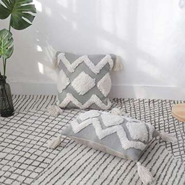 blue page Lumbar Small Decorative Throw Pillow Covers 12 X 20 Inches for Couch Sofa Bedroom Living Room, Woven Tufted Boho Pillows Cover with Tassels, Cute Grey Farmhouse Pillows Case