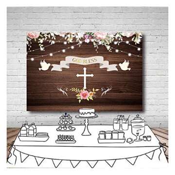 First Holy Communion Baptism Party Theme Photography Backdrops 7x5ft Vinyl Rustic Wood Board Glitter God Bless Floral Photo Background Christening Ceremony Newborn Baby Shower Party Banner Props