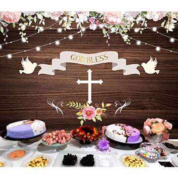 First Holy Communion Baptism Party Theme Photography Backdrops 7x5ft Vinyl Rustic Wood Board Glitter God Bless Floral Photo Background Christening Ceremony Newborn Baby Shower Party Banner Props