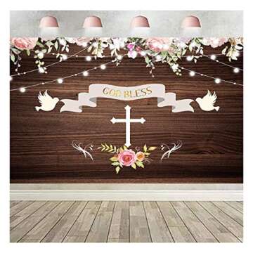 First Holy Communion Baptism Party Theme Photography Backdrops 7x5ft Vinyl Rustic Wood Board Glitter God Bless Floral Photo Background Christening Ceremony Newborn Baby Shower Party Banner Props