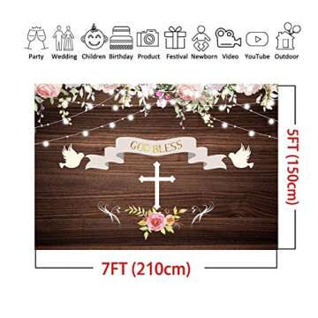 First Holy Communion Baptism Party Theme Photography Backdrops 7x5ft Vinyl Rustic Wood Board Glitter God Bless Floral Photo Background Christening Ceremony Newborn Baby Shower Party Banner Props