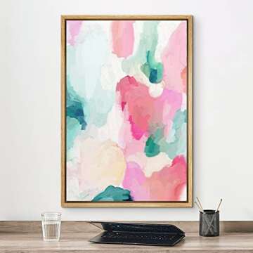 MUDECOR Framed Canvas Print Wall Art Pastel Pink, Green & Yellow Paint Strokes Abstract Shapes Water...