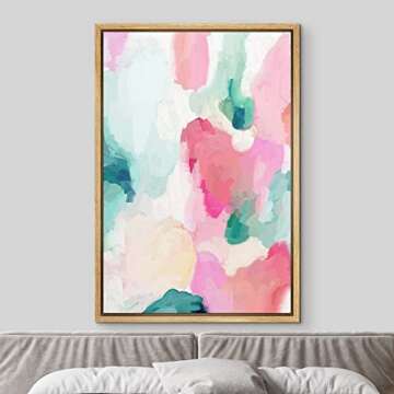 MUDECOR Framed Canvas Print Wall Art Pastel Pink, Green & Yellow Paint Strokes Abstract Shapes Watercolor Modern Art Contemporary Multicolor Ultra for Living Room, Bedroom, Office - 24"x36" Natural