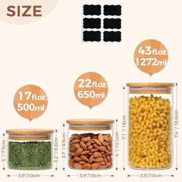 ComSaf Airtight Canisters for Bulk Food Storage Set of 3-15/20/41oz, BPA Free High Borosilicate Glass Cookies Jar with Bamboo Lid, Cylinder Cereal Container with Sealing
