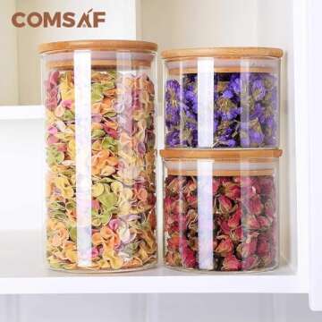 ComSaf Airtight Canisters for Bulk Food Storage Set of 3-15/20/41oz, BPA Free High Borosilicate Glass Cookies Jar with Bamboo Lid, Cylinder Cereal Container with Sealing