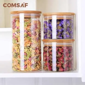 ComSaf Airtight Canisters for Bulk Food Storage Set of 3-15/20/41oz, BPA Free High Borosilicate Glass Cookies Jar with Bamboo Lid, Cylinder Cereal Container with Sealing