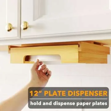 SpaceAid 12-inch Paper Plate Dispenser, Under Cabinet Bamboo Plates Holder, Kitchen Counter Vertical...