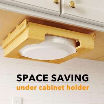 SpaceAid 12-inch Paper Plate Dispenser, Under Cabinet Bamboo Plates Holder, Kitchen Counter Vertical Plate Dipensers Holders Countertop Caddy (for 12 inches Plates, Bamboo)