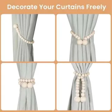 KLOGTSIND Magnetic Curtain Tiebacks, Curtain Tie Backs for Curtains 2 Pack, Wood Bead Curtain Tiebacks, Curtain Holders for Boho Bedroom Decor, Baby Nursery Decor, Farmhouse Decor