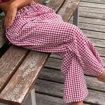 Women Girls Striped Plaid Pants Wide Leg Gingham Lounge Pants High Waist Striped Print Pajama Trouse...