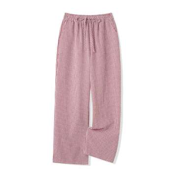 Women Girls Striped Plaid Pants Wide Leg Gingham Lounge Pants High Waist Striped Print Pajama Trousers Pants