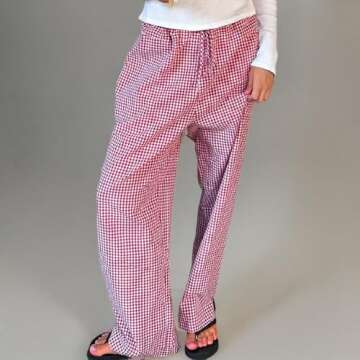 Women Girls Striped Plaid Pants Wide Leg Gingham Lounge Pants High Waist Striped Print Pajama Trousers Pants