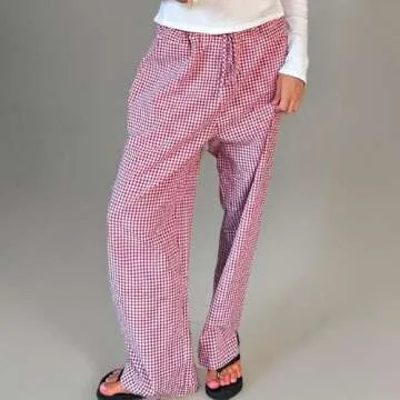 Women Girls Striped Plaid Pants Wide Leg Gingham Lounge Pants High Waist Striped Print Pajama Trousers Pants