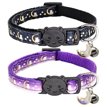 Giecooh 2 Pack Breakaway Cat Collar with Bells,Adjustable Moon and Star Kitten Safety Collars for Bo...