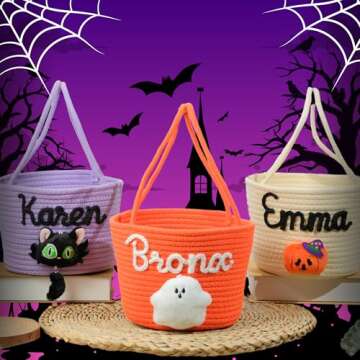 SphonxAi Personalized Halloween Basket, Custom Woven Candy Bag, Trick or Treat Bag with Name, Kid Pu...