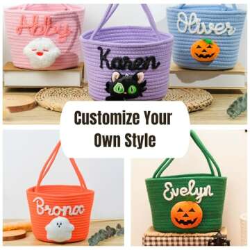 SphonxAi Personalized Halloween Basket, Custom Woven Candy Bag, Trick or Treat Bag with Name, Kid Pumpkin Bucket Ghost Basket
