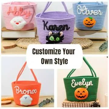 SphonxAi Personalized Halloween Basket, Custom Woven Candy Bag, Trick or Treat Bag with Name, Kid Pumpkin Bucket Ghost Basket