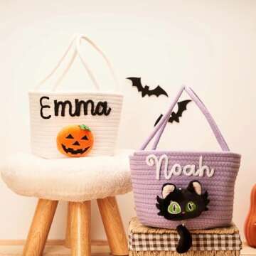 SphonxAi Personalized Halloween Basket, Custom Woven Candy Bag, Trick or Treat Bag with Name, Kid Pumpkin Bucket Ghost Basket