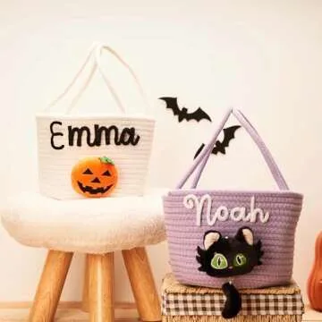 SphonxAi Personalized Halloween Basket, Custom Woven Candy Bag, Trick or Treat Bag with Name, Kid Pumpkin Bucket Ghost Basket