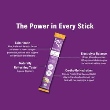 Sol-ti Organic Electrolyte Skin + Hydration Drink Mix, Superfood Hydration Sticks, SuperStix, Non-GMO, Vegan, Blueberry Lemon, 14 Single-Serving Sticks