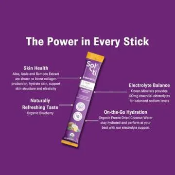 Sol-ti Organic Electrolyte Skin + Hydration Drink Mix, Superfood Hydration Sticks, SuperStix, Non-GMO, Vegan, Blueberry Lemon, 14 Single-Serving Sticks