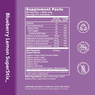 Sol-ti Organic Electrolyte Skin + Hydration Drink Mix, Superfood Hydration Sticks, SuperStix, Non-GMO, Vegan, Blueberry Lemon, 14 Single-Serving Sticks