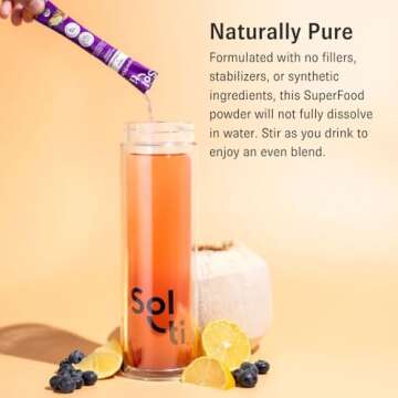 Sol-ti Organic Electrolyte Skin + Hydration Drink Mix, Superfood Hydration Sticks, SuperStix, Non-GMO, Vegan, Blueberry Lemon, 14 Single-Serving Sticks