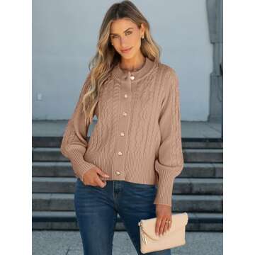 ANRABESS Women Long Sleeve Cable Knit Button Down Open Front Cropped Cardigan Sweater Coat Cute 2025 Spring Fall Outwear Camel M