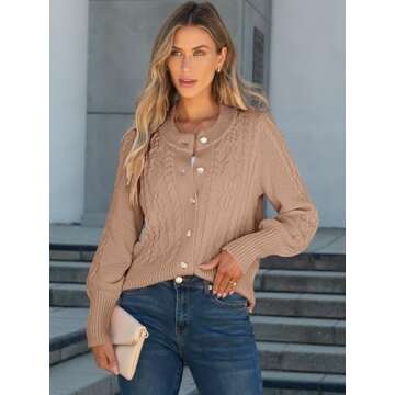 ANRABESS Women Long Sleeve Cable Knit Button Down Open Front Cropped Cardigan Sweater Coat Cute 2025 Spring Fall Outwear Camel M