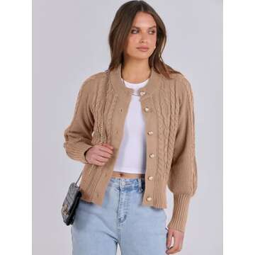 ANRABESS Women Long Sleeve Cable Knit Button Down Open Front Cropped Cardigan Sweater Coat Cute 2025 Spring Fall Outwear Camel M