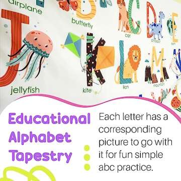 Birdy Boutique Learning Tapestry - Alphabet Pictures - Lightweight & Easy to Hang - Wall Hanging Canvas for Bedroom, Nursery, Classroom – 72" X 28"