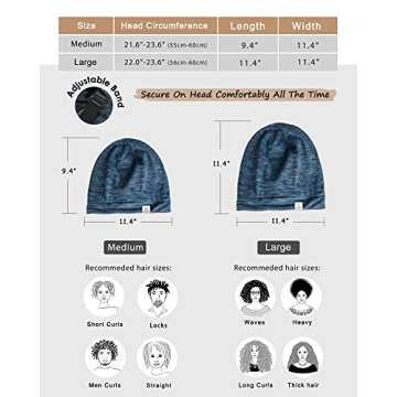 YANIBEST Silk Satin Bonnet Hair Cover Sleep Cap - Blue Adjustable Stay on Silk Lined Slouchy Beanie Hat for Night Sleeping