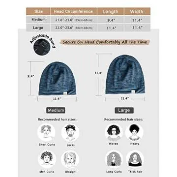 YANIBEST Silk Satin Bonnet Hair Cover Sleep Cap - Blue Adjustable Stay on Silk Lined Slouchy Beanie Hat for Night Sleeping