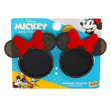 Sun_Staches Disney Minnie Mouse Official Lil’ Characters Child Sunglasses, UV 400 Lenses, Glittery Black Frames with Red Bows, One Size Fits Most Kids