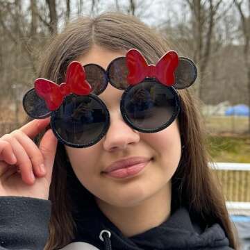 Sun_Staches Disney Minnie Mouse Official Lil’ Characters Child Sunglasses, UV 400 Lenses, Glittery Black Frames with Red Bows, One Size Fits Most Kids