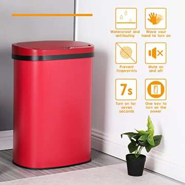 Kitchen Trash Can Bathroom Bedroom Office Garbage Can with Lid Automatic Touch Free Waste Bin Stainless Steel 13 Gallon / 50L,Red