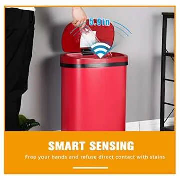 Kitchen Trash Can Bathroom Bedroom Office Garbage Can with Lid Automatic Touch Free Waste Bin Stainless Steel 13 Gallon / 50L,Red