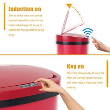Kitchen Trash Can Bathroom Bedroom Office Garbage Can with Lid Automatic Touch Free Waste Bin Stainless Steel 13 Gallon / 50L,Red