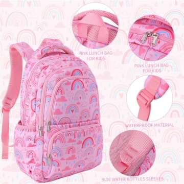 Woosir School Backpacks for Girls Kids Rianbow Backpack for Girls Back to School Supplies Gifts Preschool Kindergarten BookBag with Insulated Lunch Bag for Girls Outdoor Travel Laptop Backpacks