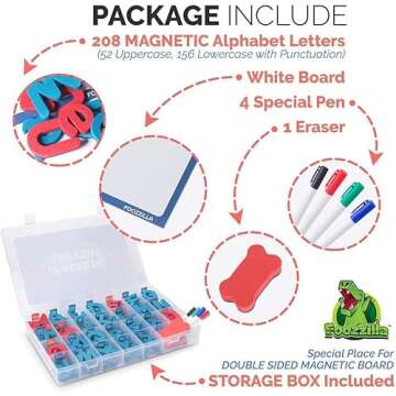 FOOZZILLA Magnetic Letters and Numbers Kit 286 Pcs with Double Side Magnetic Board - Foam Alphabet Letters for Kids Learning ABC and Classroom Educactional Spelling with Storage Box